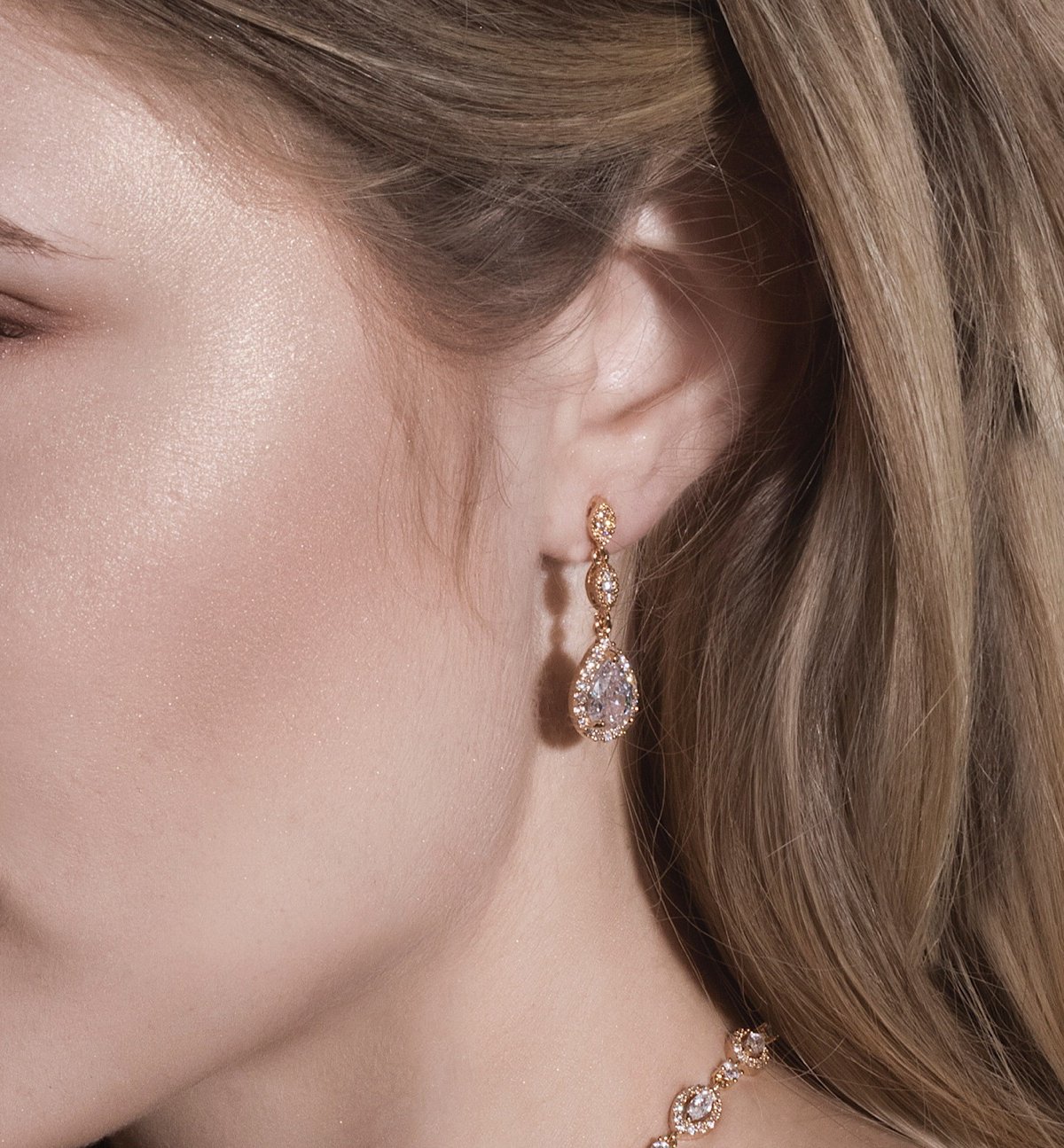 A+O Bridesmaid Earrings, Teardrop Cubic Zirconia Crystal Earrings in Silver, Gold, Rose Gold - Image 3
