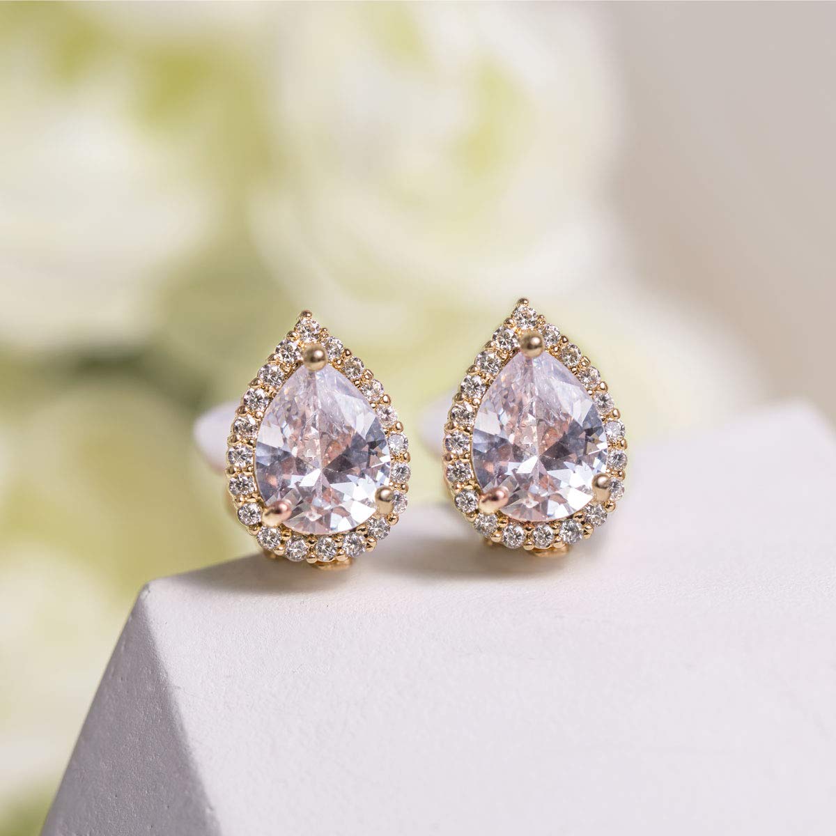 A+O Wedding Bridesmaid Jewelry Gift - Pear Teardrop Stud Post or Clip on Earrings in Gold, Rose Gold, Silver - Image 4